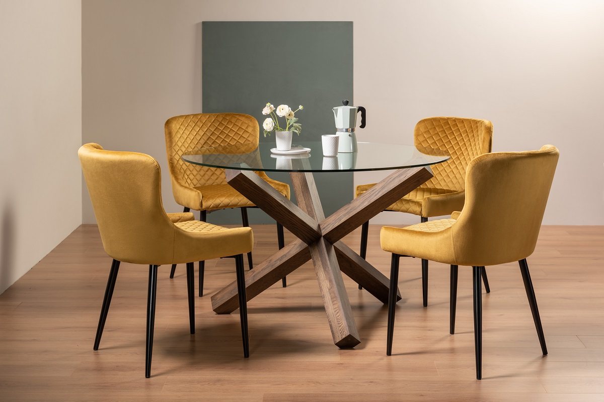 Goya Dark Oak Glass 4 Seater Dining Table & 4 Cezanne Chairs in Mustard Velvet Fabric with Black Legs