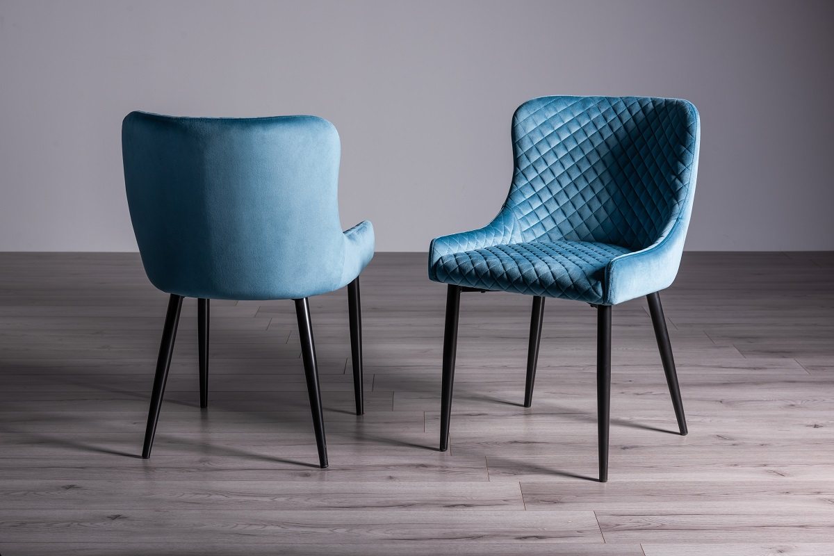 Goya - Dark Oak Glass 4 Seater Dining Table & 4 Blue Velvet Cezanne Dining Chairs