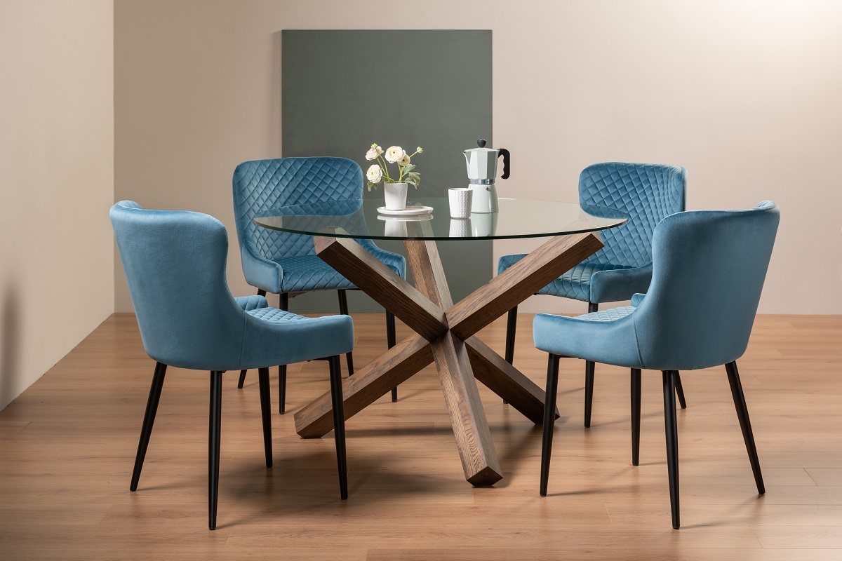 Goya Dark Oak Glass 4 Seater Dining Table & 4 Cezanne Chairs in Petrol Blue Velvet Fabric with Black Legs