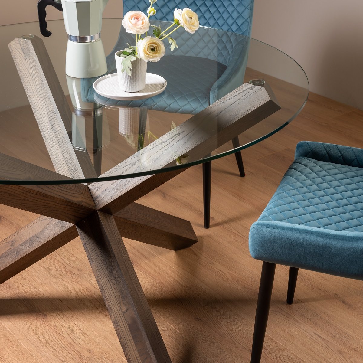 Goya - Dark Oak Glass 4 Seater Dining Table & 4 Blue Velvet Cezanne Dining Chairs