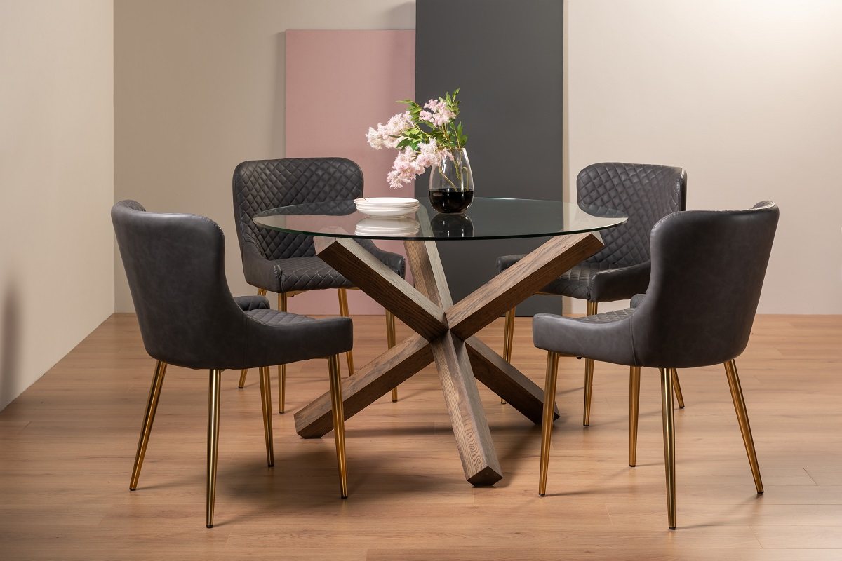 Goya Dark Oak Glass 4 Seater Dining Table & 4 Cezanne Chairs in Dark Grey Faux Leather with Gold Legs