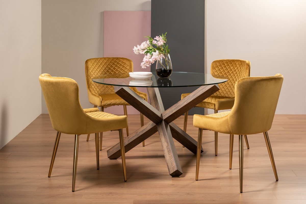 Goya Dark Oak Glass 4 Seater Dining Table & 4 Cezanne Chairs in Mustard Velvet Fabric with Gold Legs