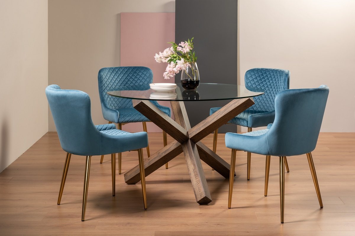 Goya Dark Oak Glass 4 Seater Dining Table & 4 Cezanne Chairs in Petrol Blue Velvet Fabric with Gold Legs