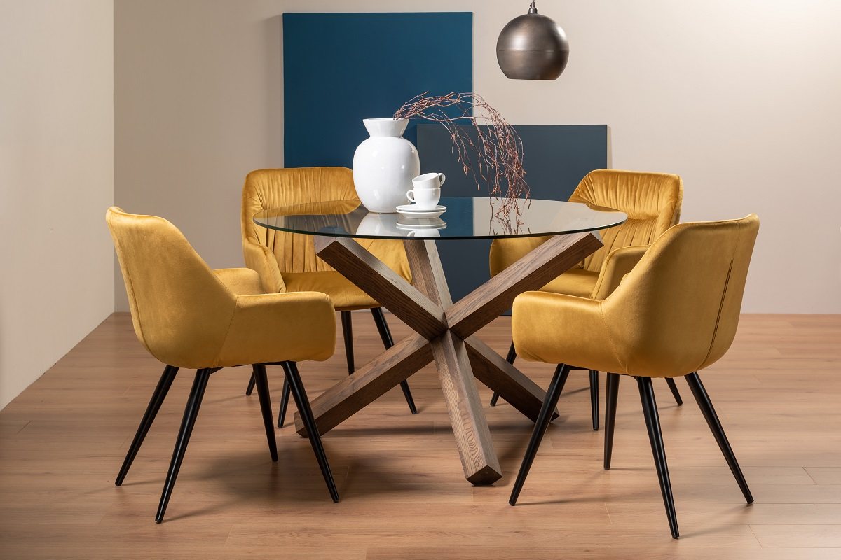Goya Dark Oak Glass 4 Seater Dining Table & 4 Dali Mustard Velvet Fabric Chairs
