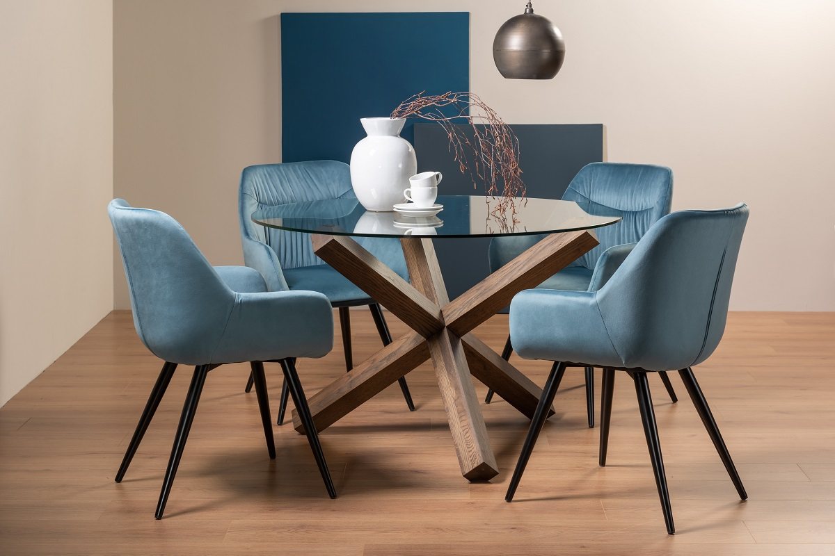 Goya Dark Oak Glass 4 Seater Dining Table & 4 Dali Petrol Blue Velvet Fabric Chairs