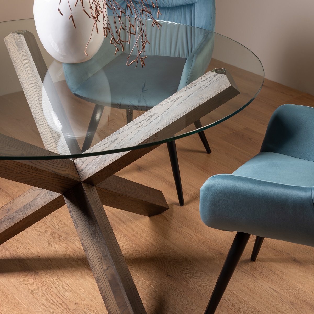 Goya - Dark Oak Glass 4 Seater Dining Table & 4 Blue Velvet Dali Dining Chairs