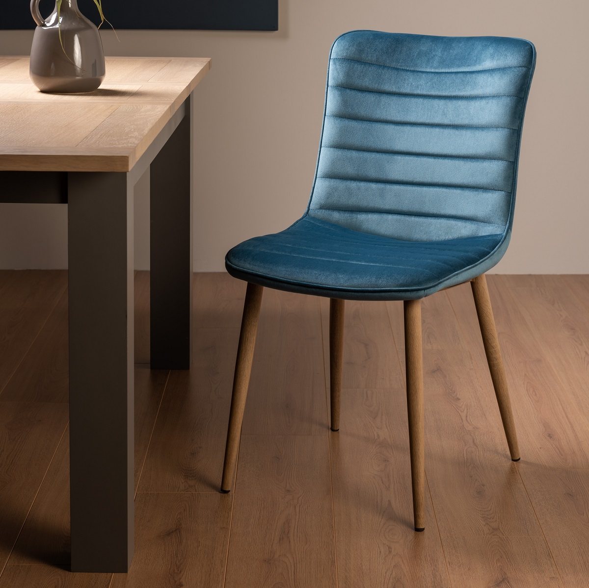 Eriksen Petrol Blue Velvet Fabric Chairs with Grey Rustic Oak Effect Legs