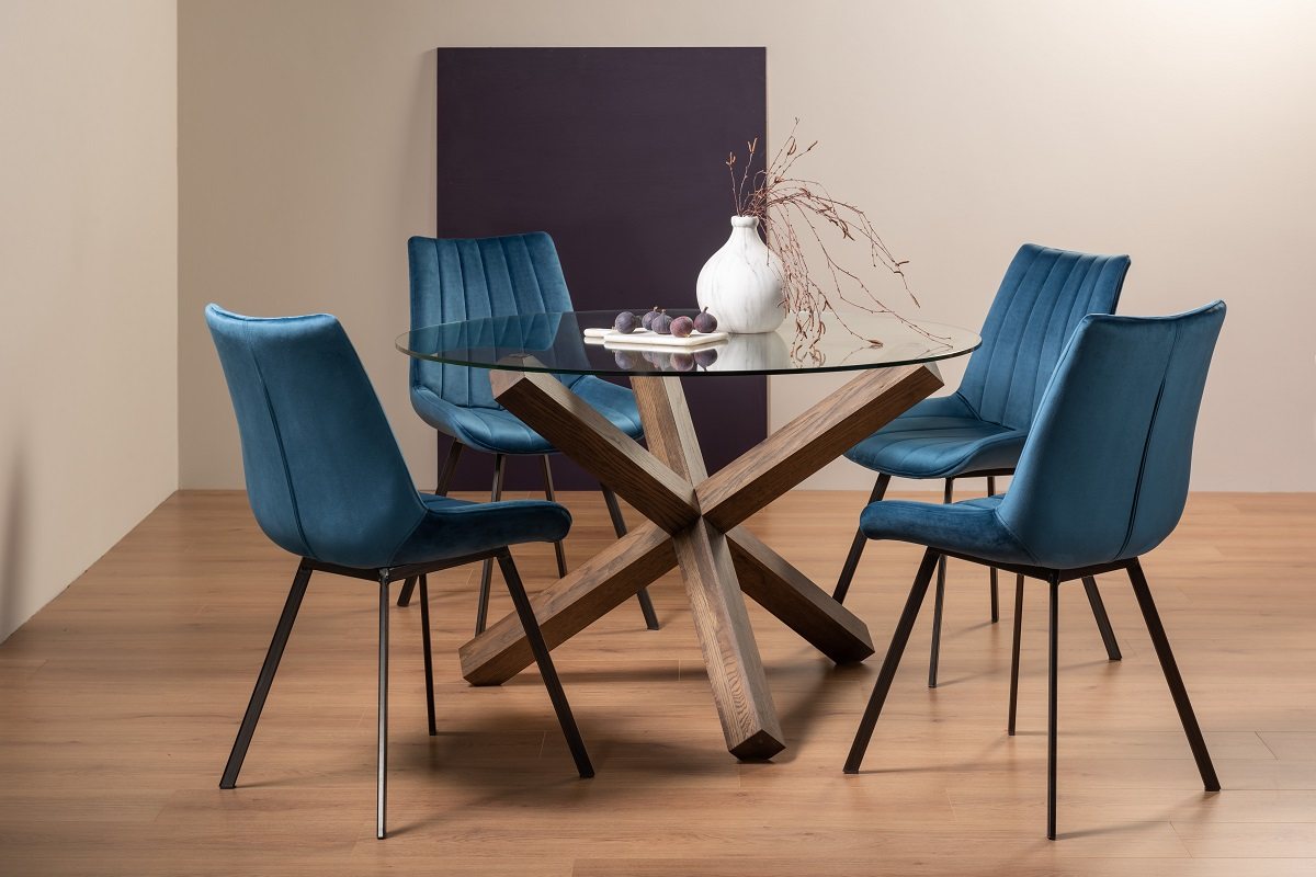 Goya Dark Oak Glass 4 Seater Dining Table & 4 Fontana Blue Velvet Fabric Chairs