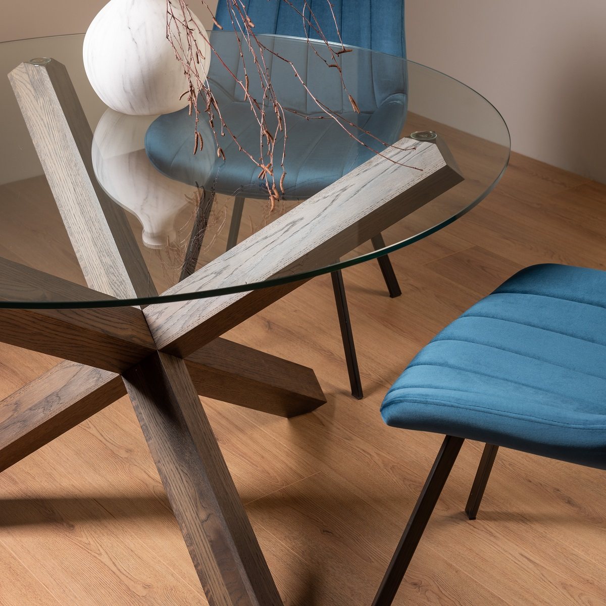 Goya - Dark Oak Glass 4 Seater Dining Table & 4 Blue Velvet Fontana Dining Chairs