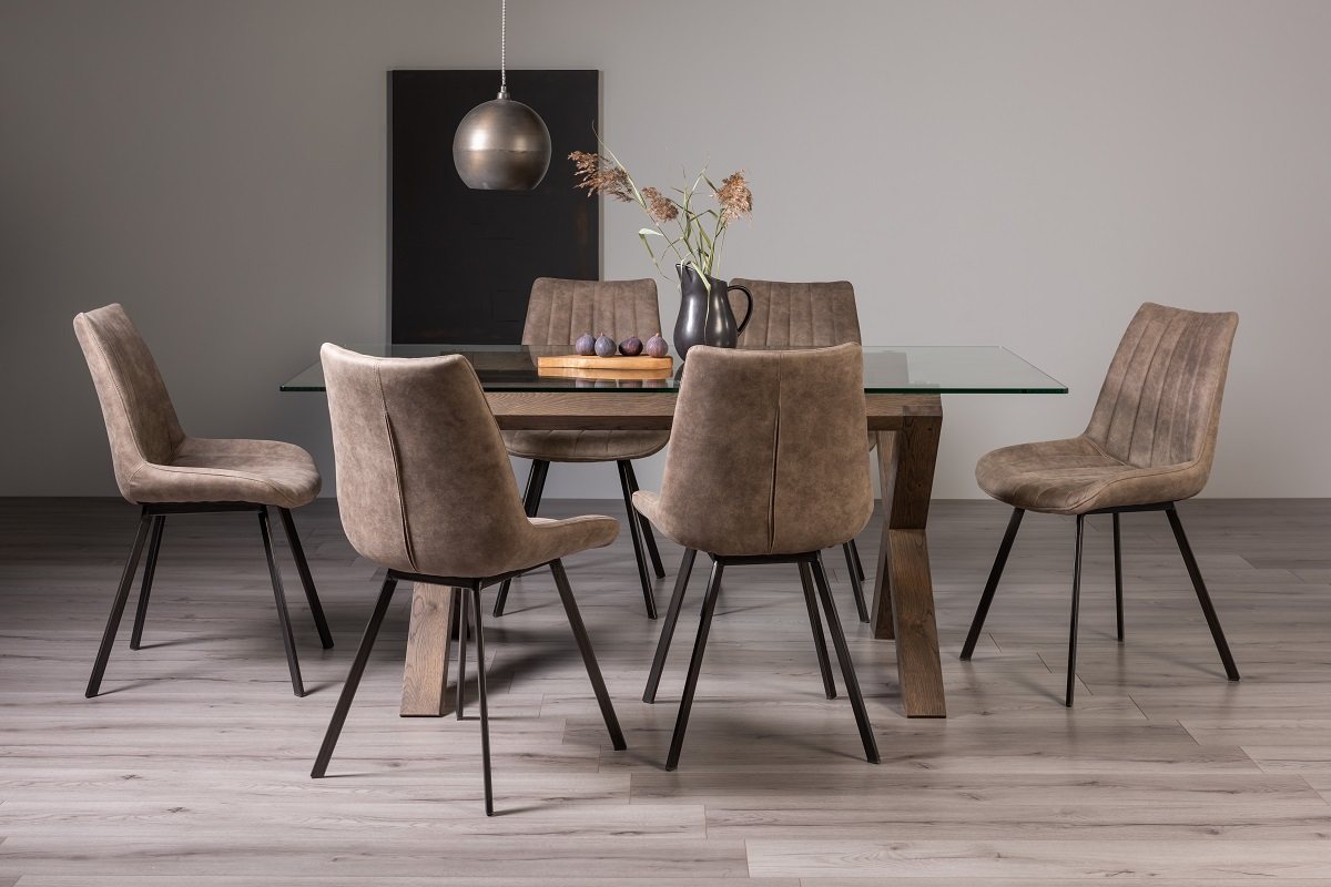 Goya Dark Oak Glass 6 Seater Dining Table & 6 Fontana Tan Faux Suede Chairs