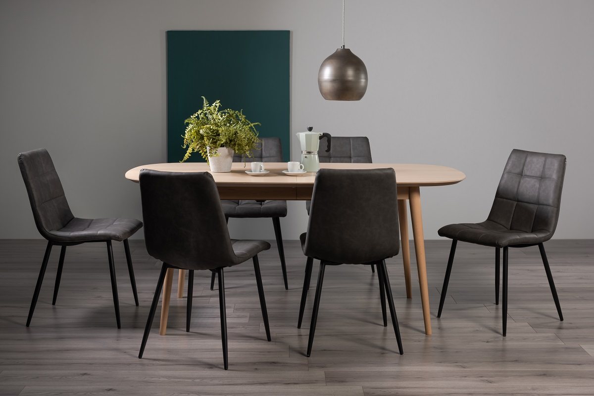 Johansen Scandi Oak 6-8 Seater Dining Table & 6 Mondrian Dark Grey Faux Leather Chairs