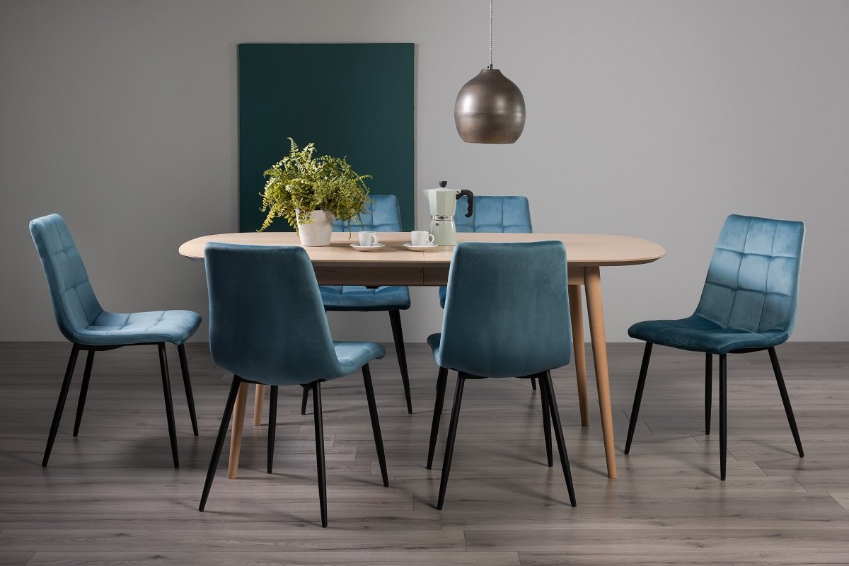 Johansen Scandi Oak 6-8 Seater Dining Table & 6 Mondrian Petrol Blue Velvet Fabric Chairs