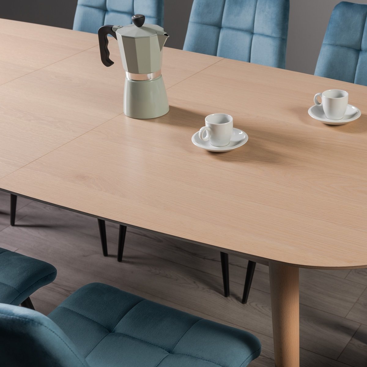 Johansen - Scandi Oak 6-8 Seater Extendable Table & 6 Blue Velvet Mondrian Dining Chairs