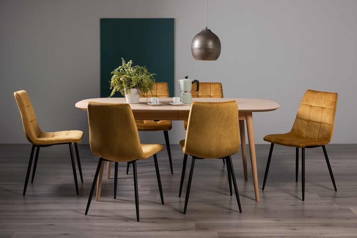 Johansen Scandi Oak 6-8 Seater Dining Table & 6 Mondrian Mustard Velvet Fabric Chairs