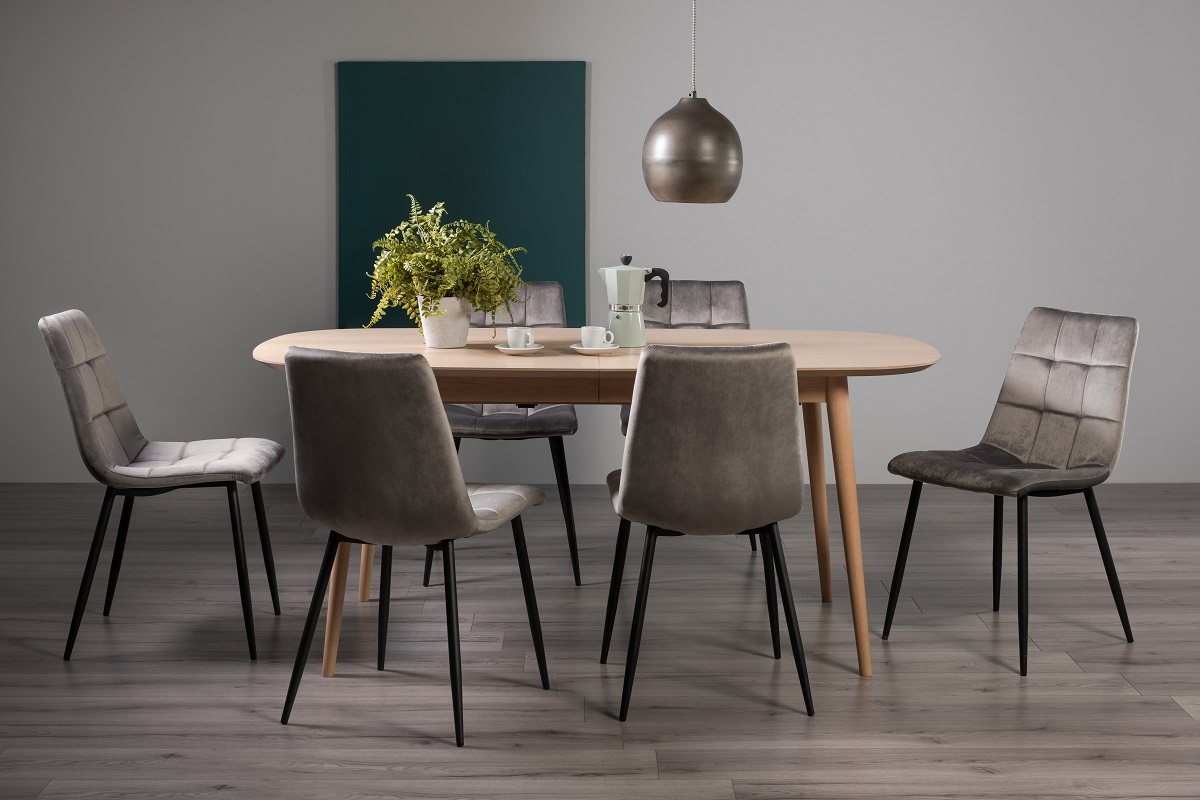 Johansen Scandi Oak 6-8 Seater Dining Table & 6 Mondrian Grey Velvet Fabric Chairs