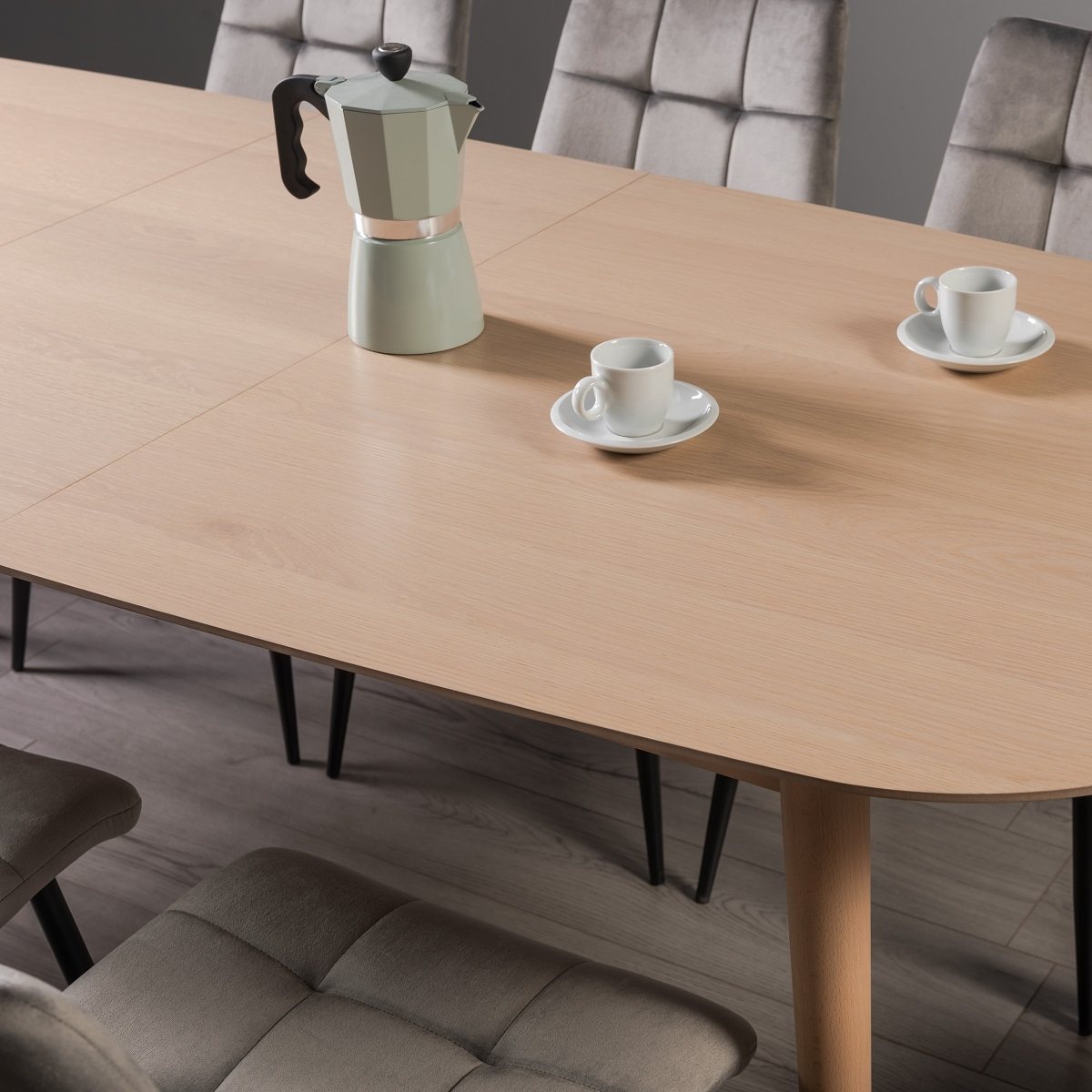 Johansen - Scandi Oak 6-8 Seater Extendable Table & 6 Grey Velvet Mondrian Dining Chairs