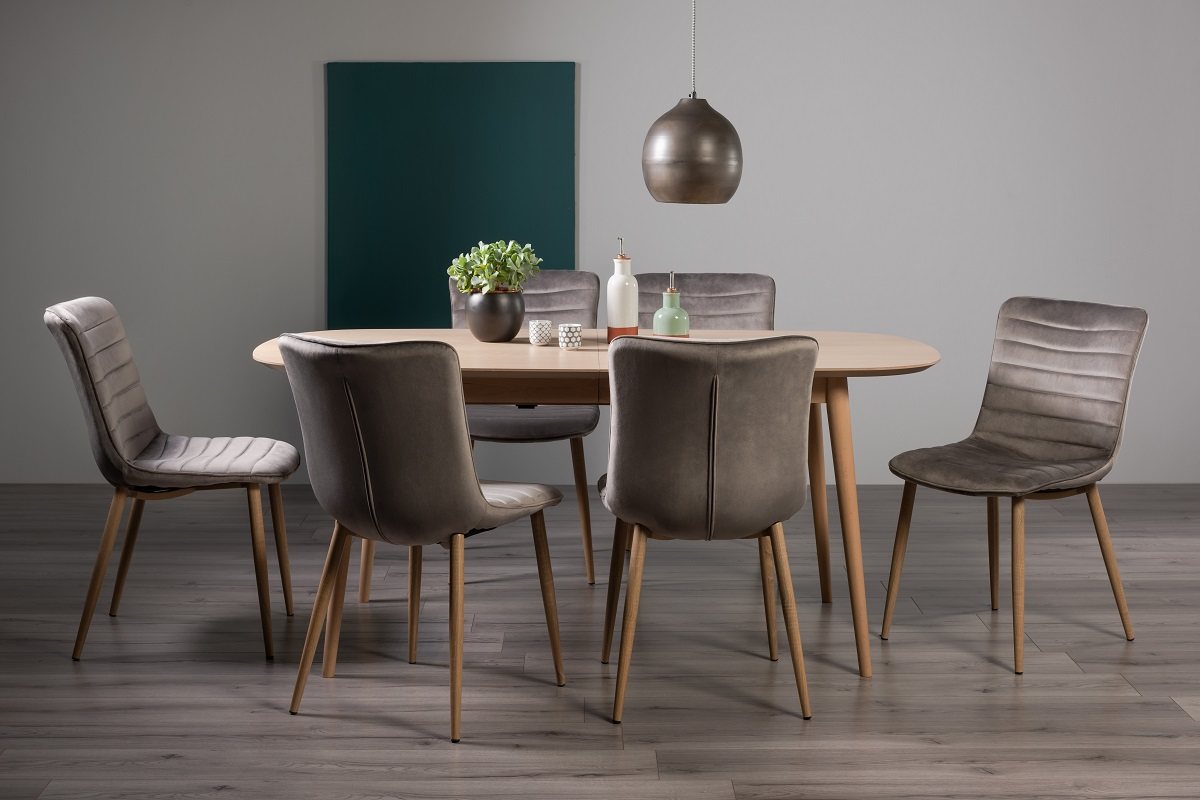 Johansen Scandi Oak 6-8 Seater Dining Table & 6 Eriksen Grey Velvet Fabric Chairs