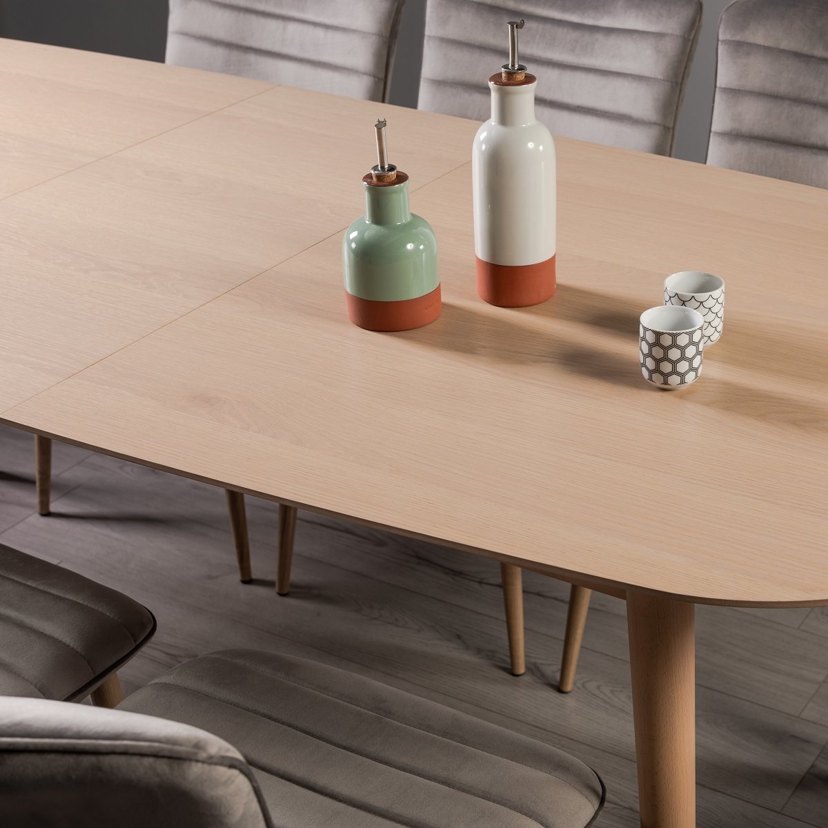 Johansen - Scandi Oak 6-8 Seater Extendable Table & 6 Grey Velvet Eriksen Dining Chairs