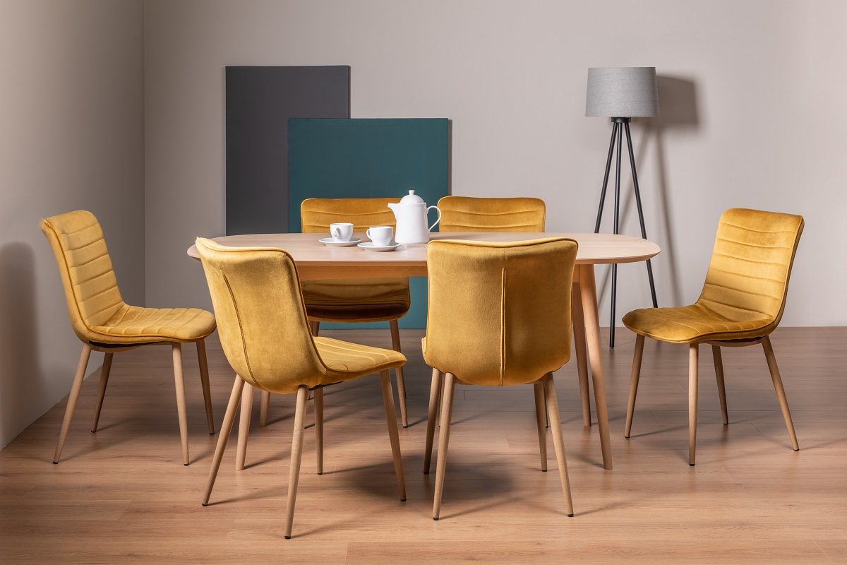 Johansen Scandi Oak 6 Seater Dining Table & 6 Eriksen Mustard Velvet Fabric Chairs