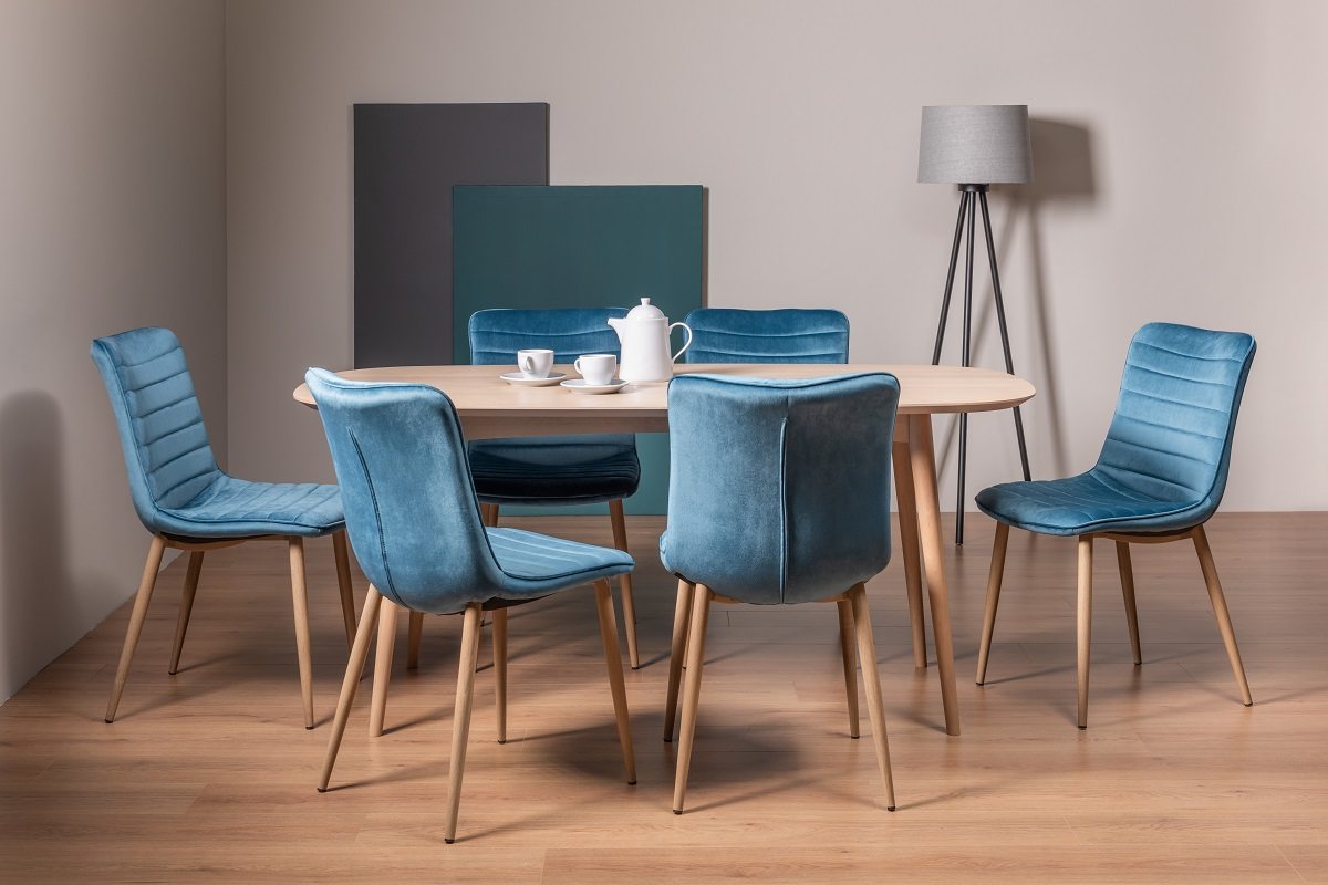 Johansen Scandi Oak 6 Seater Dining Table & 6 Eriksen Petrol Blue Velvet Fabric Chairs