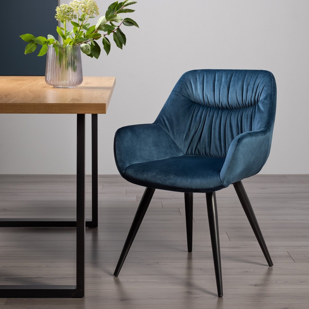 Dali Petrol Blue Velvet Fabric Chairs with Black Legs