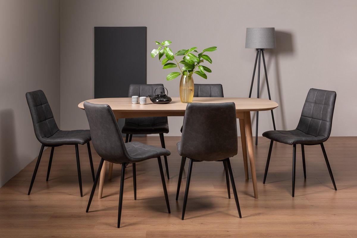 Johansen Scandi Oak 6 Seater Dining Table & 6 Mondrian Dark Grey Faux Leather Chairs