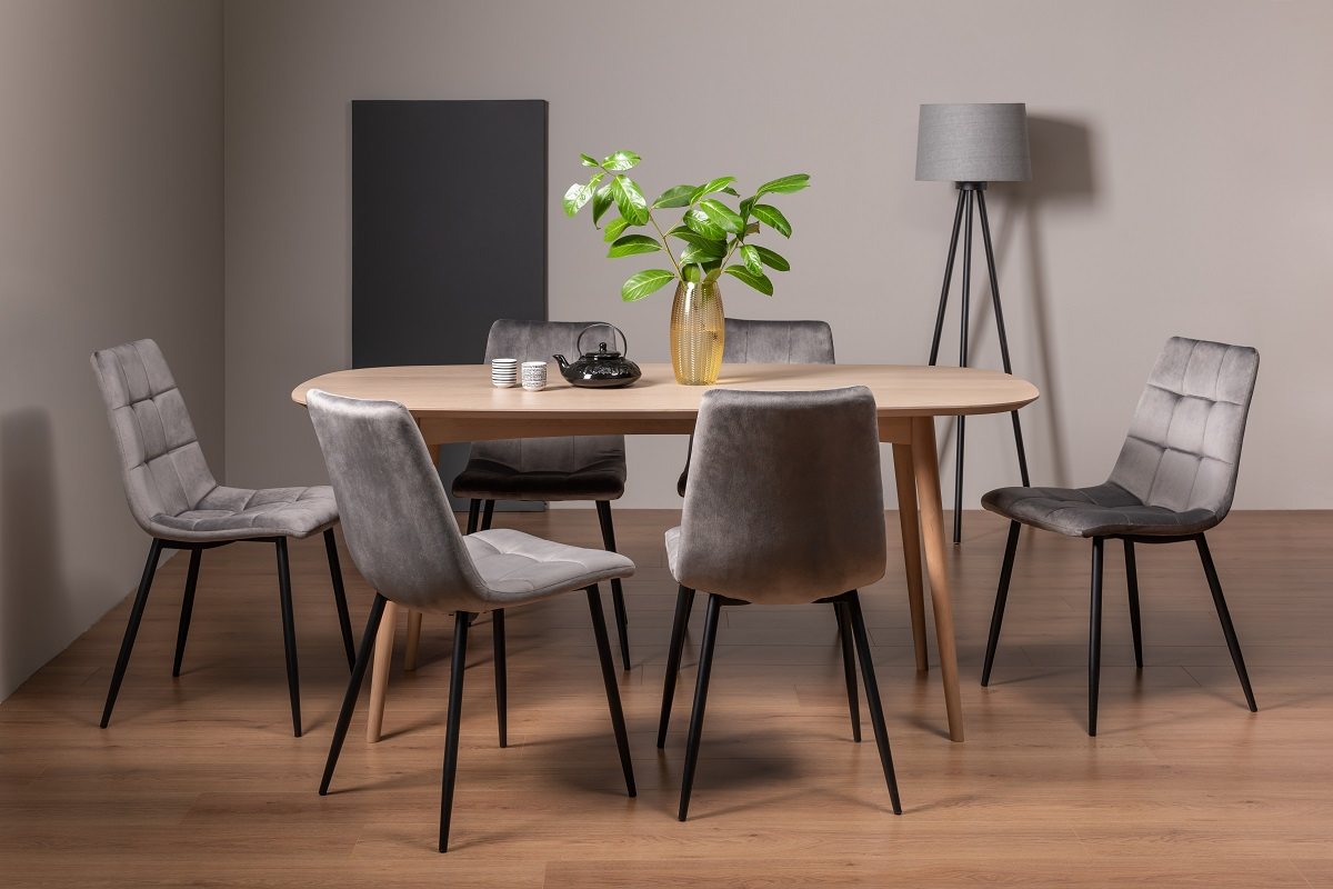 Johansen Scandi Oak 6 Seater Dining Table & 6 Mondrian Grey Velvet Fabric Chairs