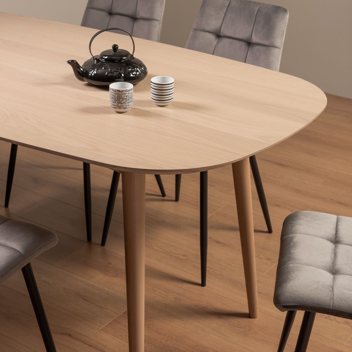 Johansen - Scandi Oak 6 Seater Dining Table & 6 Grey Velvet Mondrian Dining Chairs