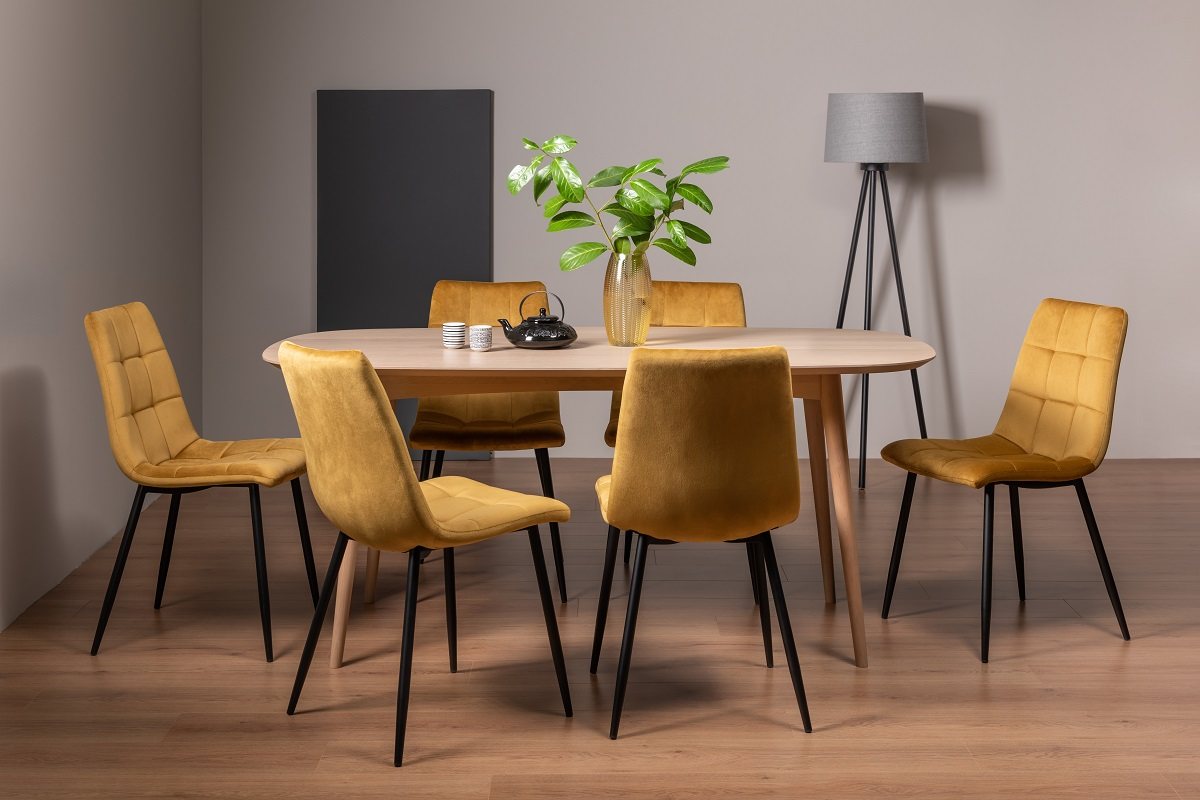 Johansen Scandi Oak 6 Seater Dining Table & 6 Mondrian Mustard Velvet Fabric Chairs