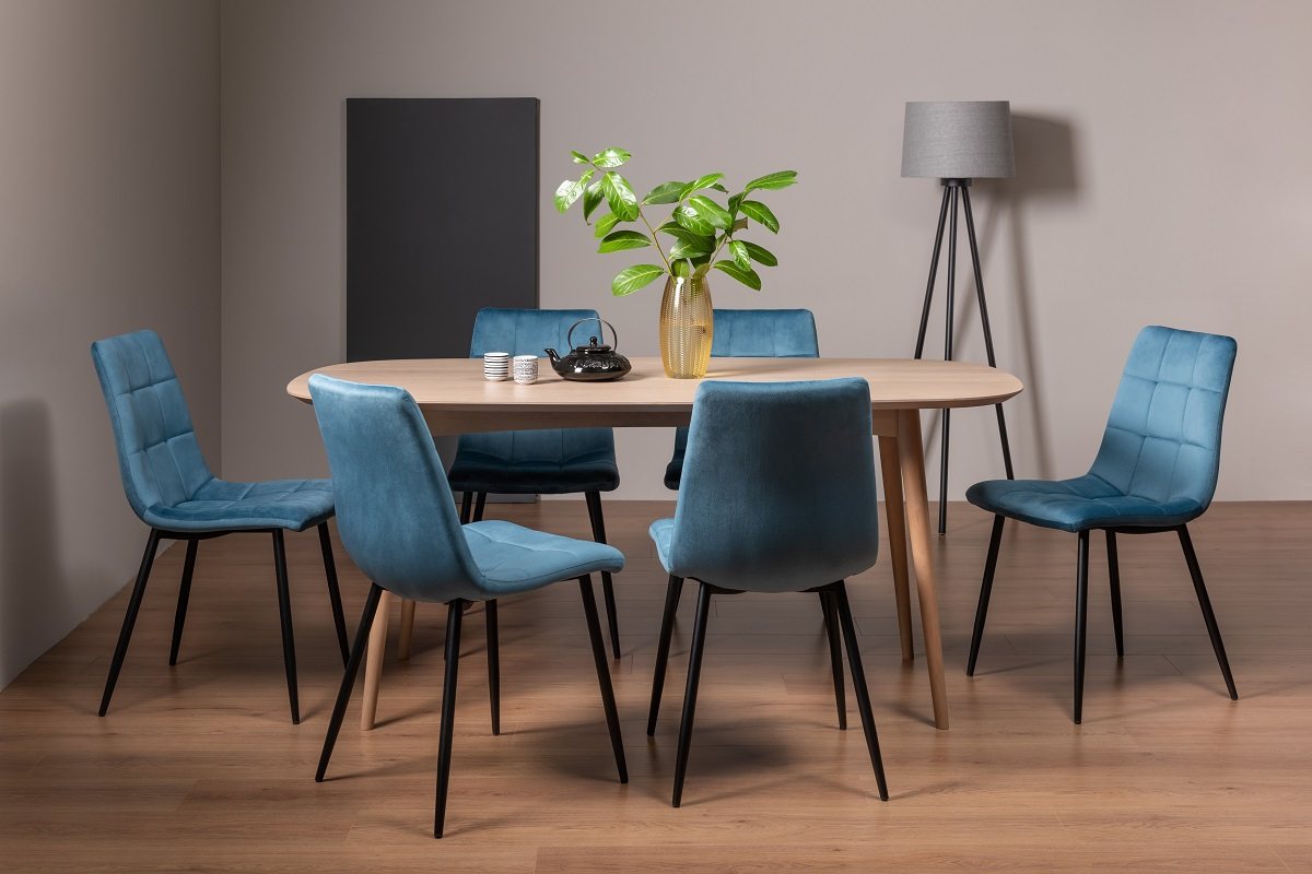 Johansen Scandi Oak 6 Seater Dining Table & 6 Mondrian Petrol Blue Velvet Fabric Chairs