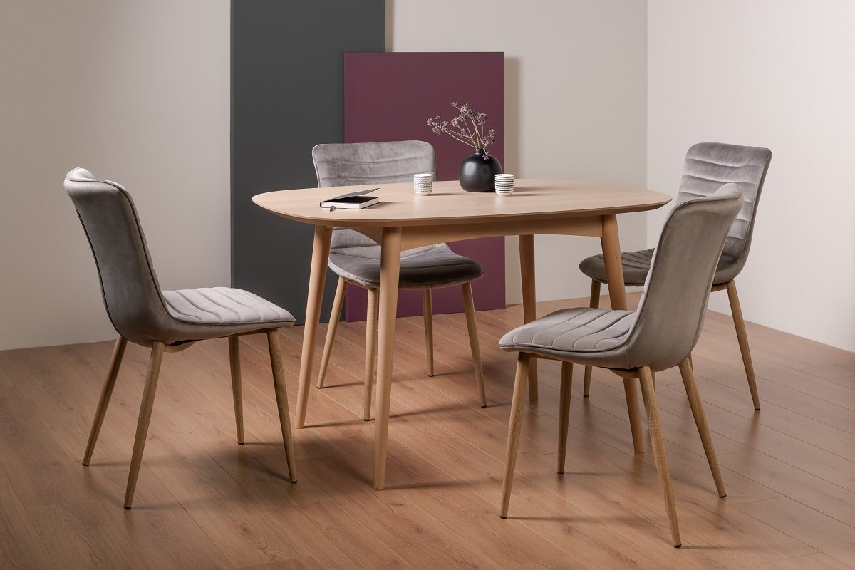 Johansen Scandi Oak 4 Seater Dining Table & 4 Eriksen Grey Velvet Fabric Chairs