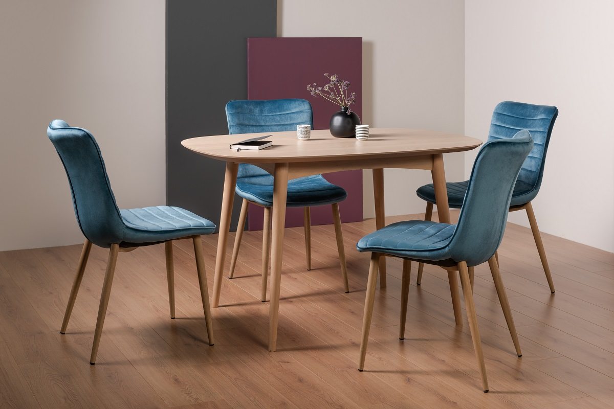 Johansen Scandi Oak 4 Seater Dining Table & 4 Eriksen Petrol Blue Velvet Fabric Chairs