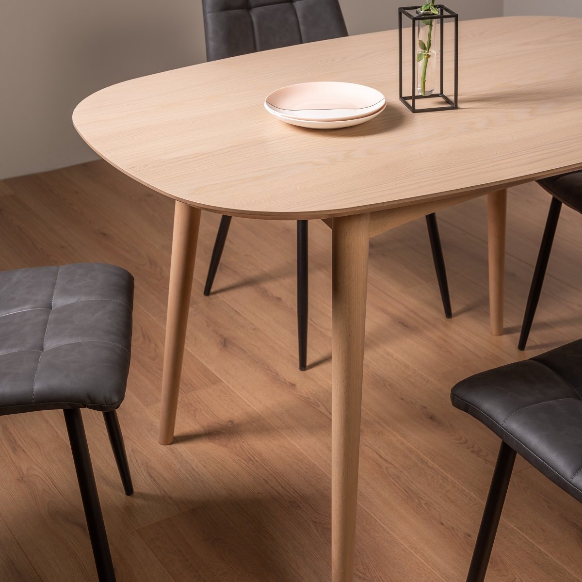 Johansen - Scandi Oak 4 Seater Dining Table & 4 Dark Grey Faux Leather Mondrian Dining Chairs