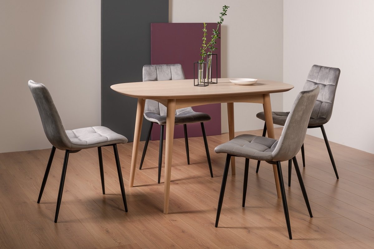 Johansen Scandi Oak 4 Seater Dining Table & 4 Mondrian Grey Velvet Fabric Chairs