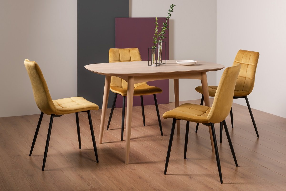 Johansen Scandi Oak 4 Seater Dining Table & 4 Mondrian Mustard Velvet Fabric Chairs