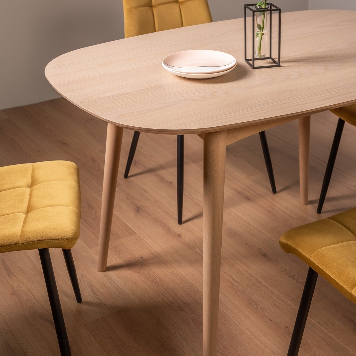 Johansen - Scandi Oak 4 Seater Dining Table & 4 Mustard Velvet Mondrian Dining Chairs