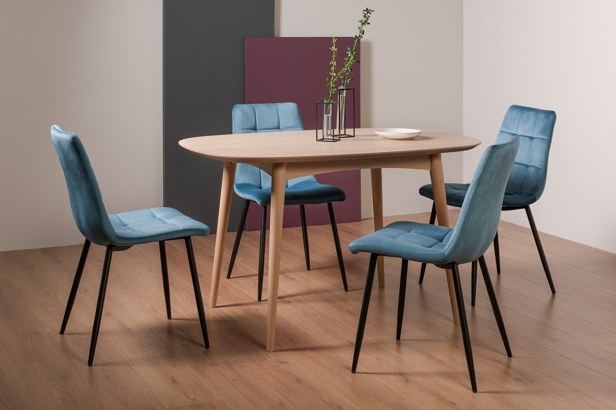 Johansen Scandi Oak 4 Seater Dining Table & 4 Mondrian Petrol Blue Velvet Fabric Chairs