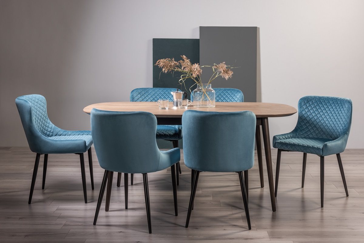 Tuxen Weathered Oak 6-8 Dining Table & 6 Cezanne Chairs in Petrol Blue Velvet Fabric with Black Legs