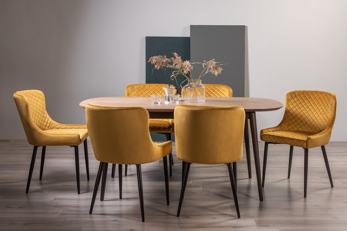Tuxen Weathered Oak 6-8 Dining Table & 6 Cezanne Chairs in Mustard Velvet Fabric with Black Legs