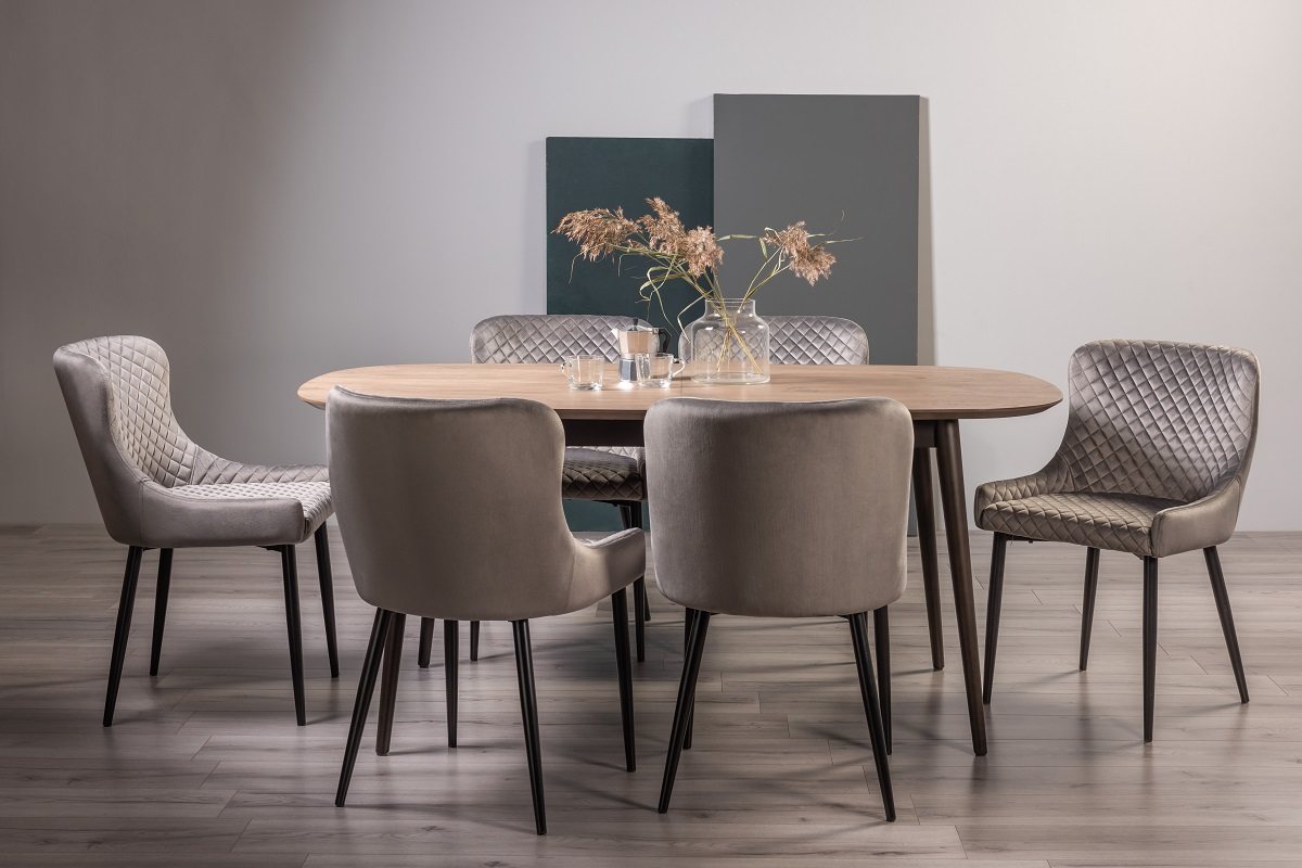 Tuxen Weathered Oak 6-8 Dining Table & 6 Cezanne Chairs in Grey Velvet Fabric with Black Legs