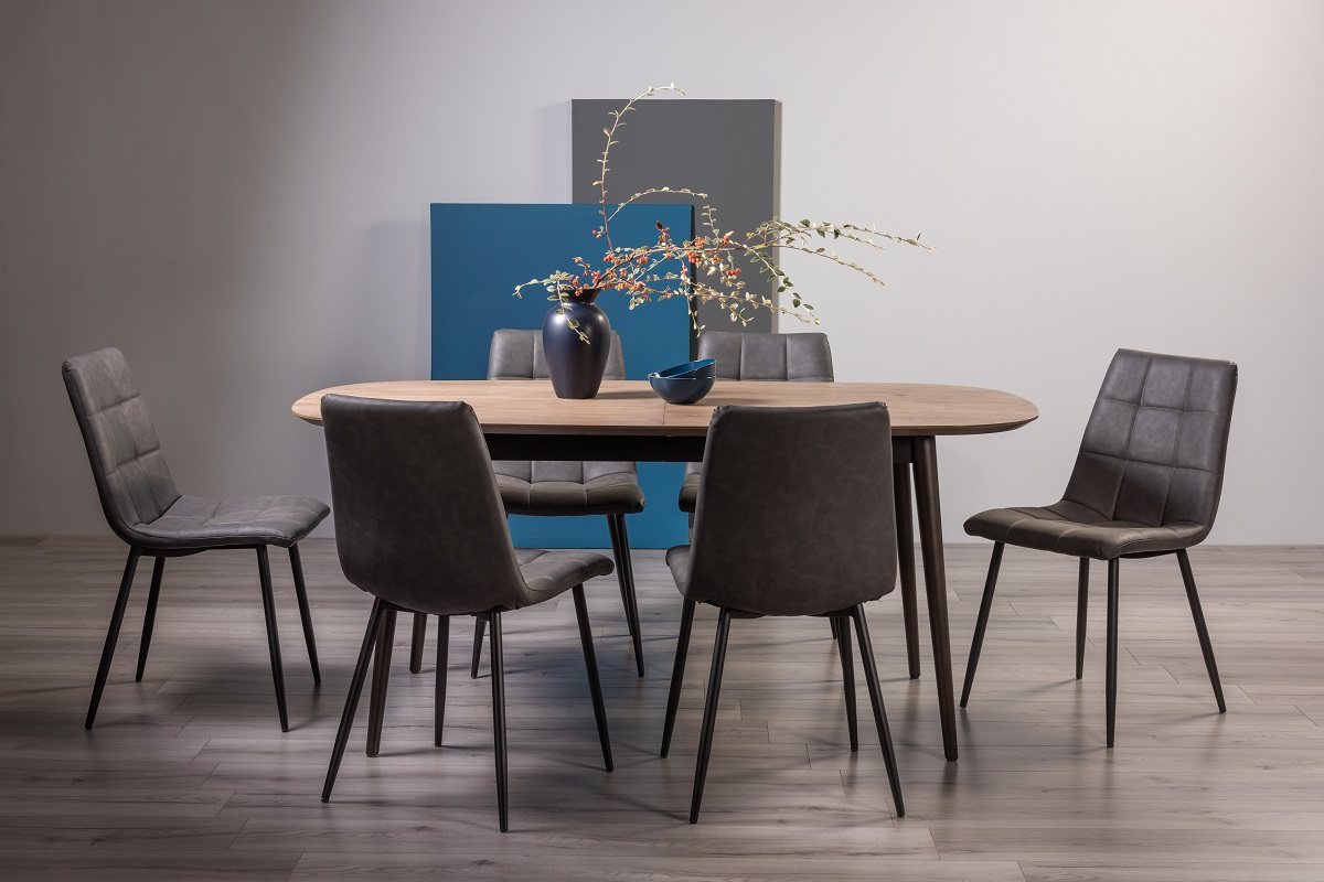 Tuxen Weathered Oak 6-8 Dining Table & 6 Mondrian Dark Grey Faux Leather Chairs