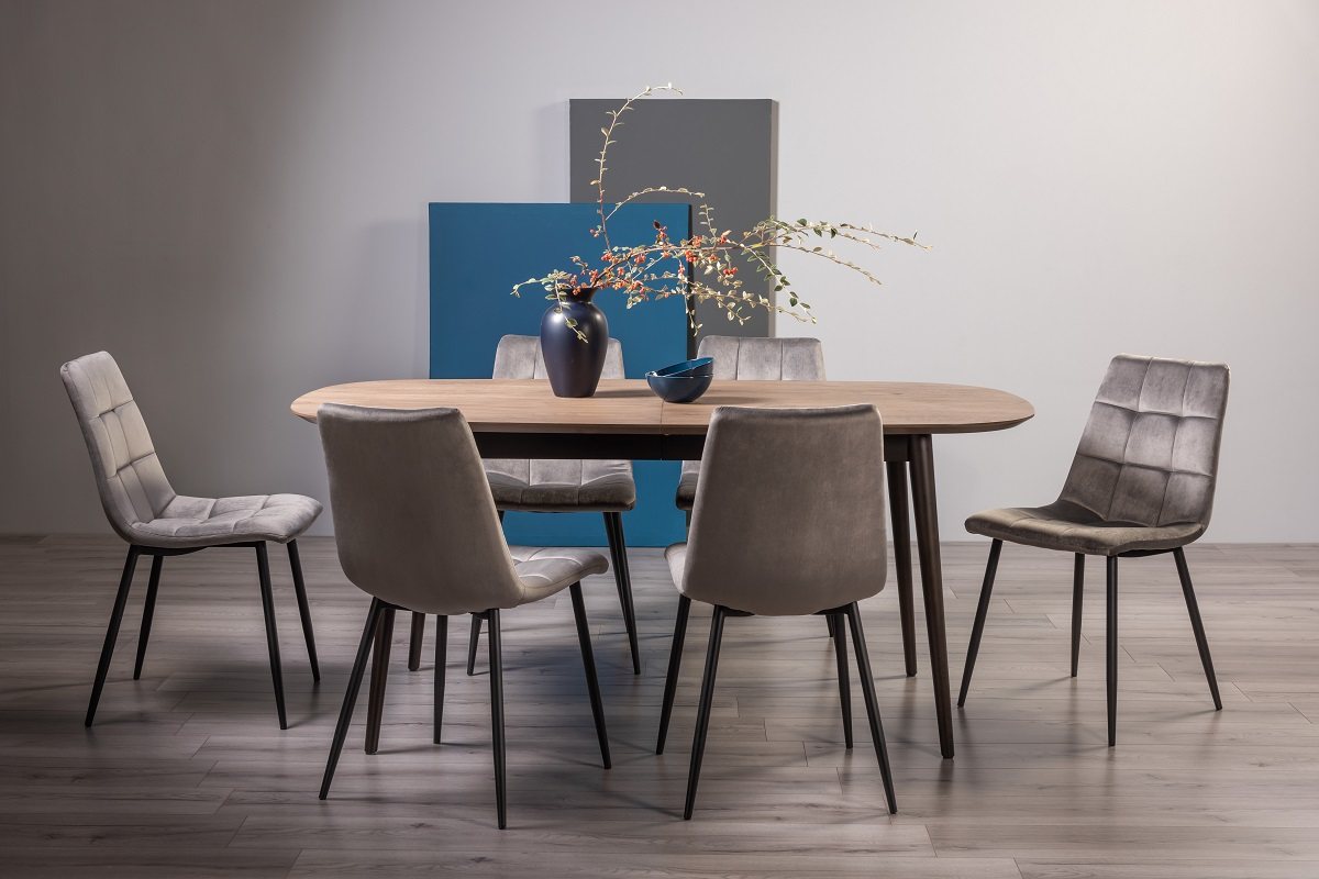 Tuxen Weathered Oak 6-8 Dining Table & 6 Mondrian Grey Velvet Fabric Chairs