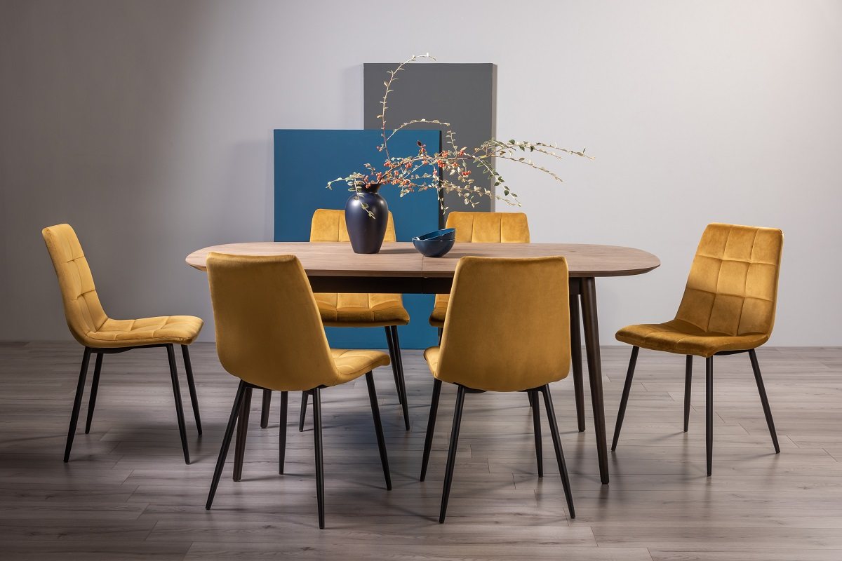 Tuxen Weathered Oak 6-8 Dining Table & 6 Mondrian Mustard Velvet Fabric Chairs