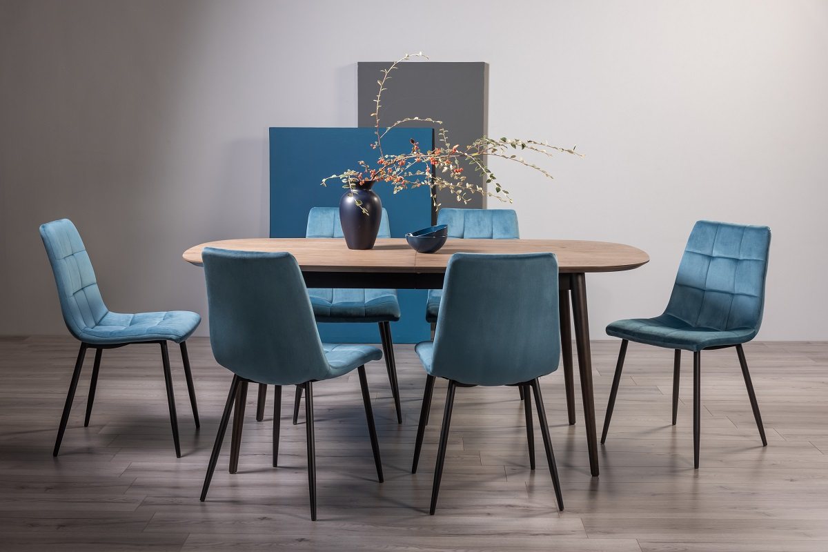 Tuxen Weathered Oak 6-8 Dining Table & 6 Mondrian Petrol Blue Velvet Fabric Chairs