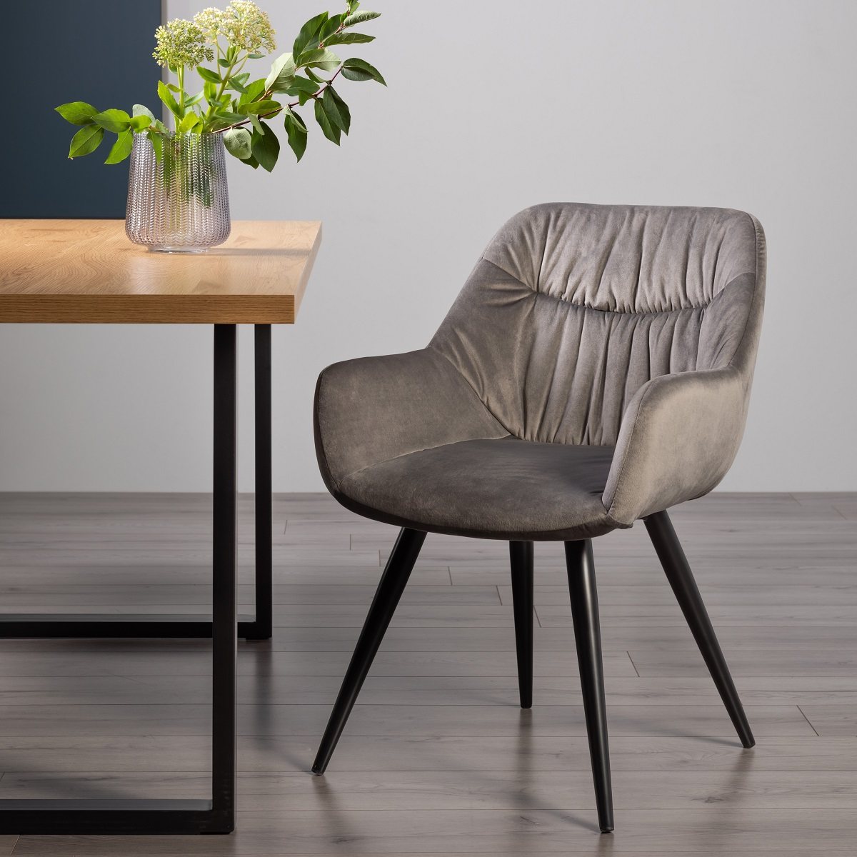 Dali Grey Velvet Fabric Chairs with Black Legs