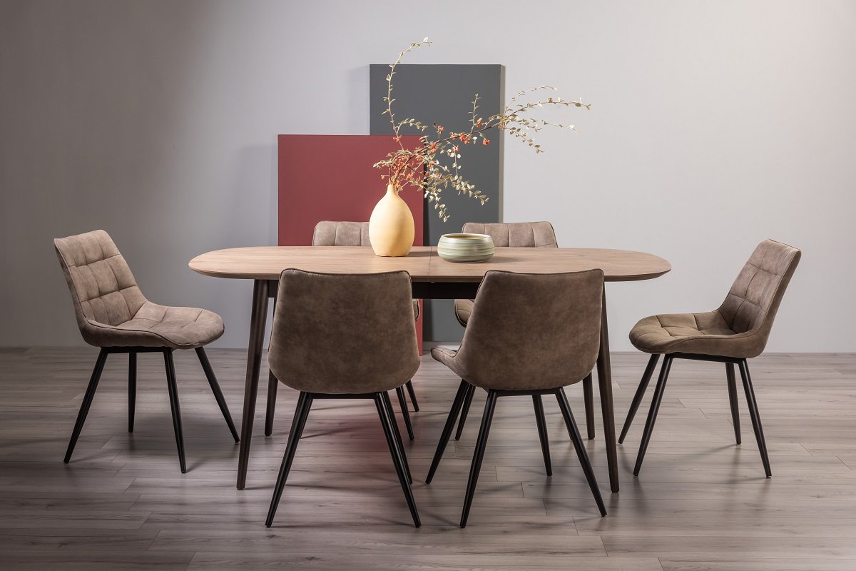 Tuxen Weathered Oak 6-8 Dining Table & 6 Seurat Tan Faux Suede Chairs