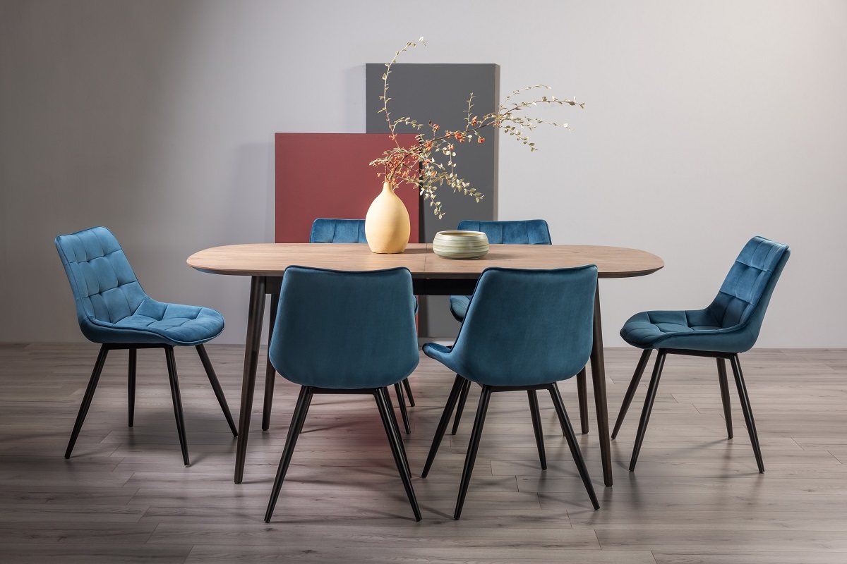 Tuxen Weathered Oak 6-8 Dining Table & 6 Seurat Blue Velvet Fabric Chairs