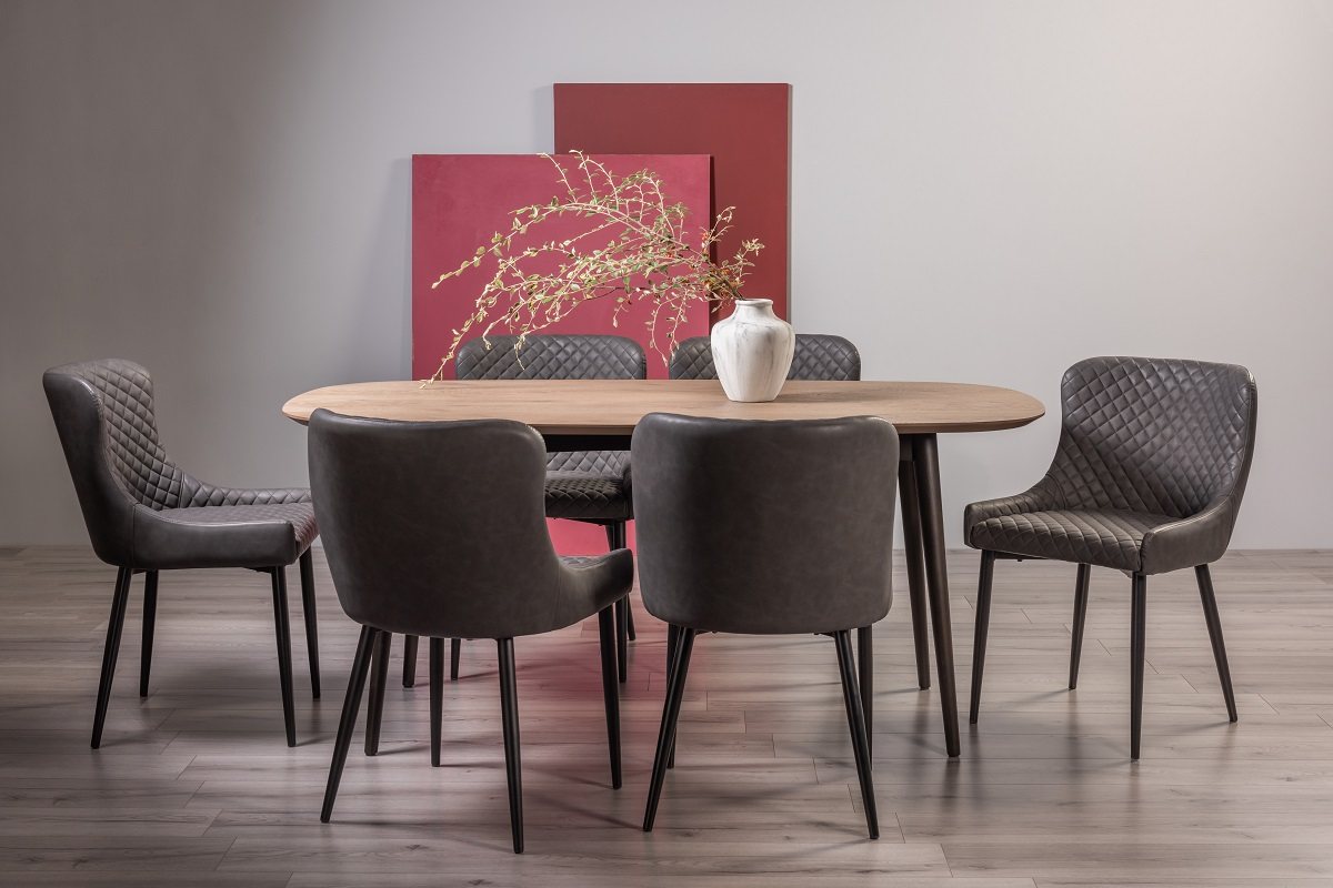 Tuxen Weathered Oak 6 Seater Dining Table & 6 Cezanne Chairs in Dark Grey Faux Leather with Black Legs