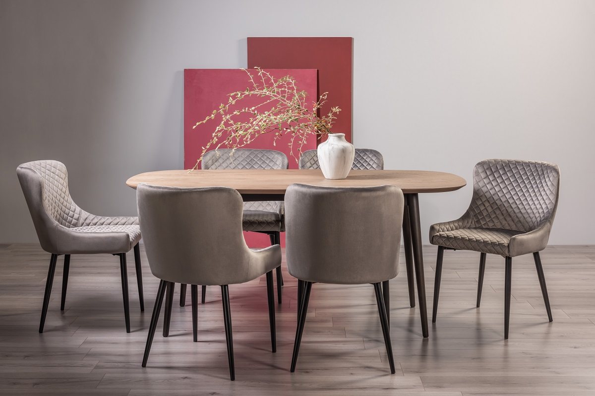 Tuxen Weathered Oak 6 Seater Dining Table & 6 Cezanne Chairs in Grey Velvet Fabric with Black Legs