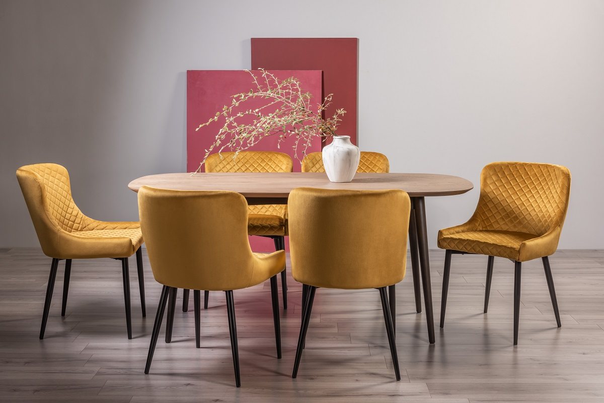 Tuxen Weathered Oak 6 Seater Dining Table & 6 Cezanne Chairs in Mustard Velvet Fabric with Black Legs